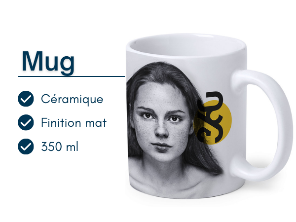 Présentation des caractéristiques du mug personnalisé en céramique d'une capacité de 350ml.