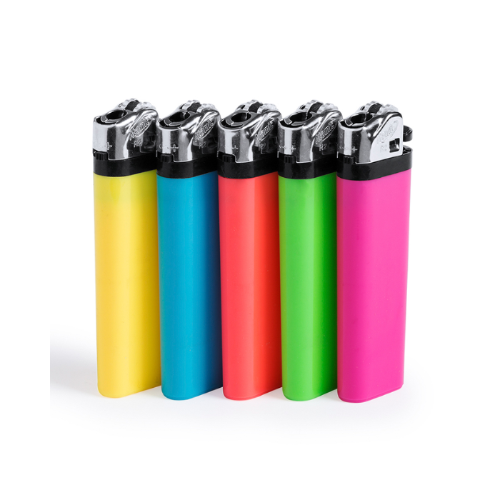Briquet personnalisé de couleur vive avec logo de marque imprimé, montrant un design élégant et moderne, posé sur un fond blanc.